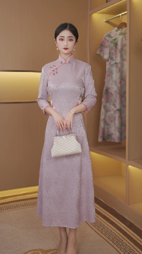 女娇娥 国风日常气质优雅显瘦长款奥黛改良旗袍