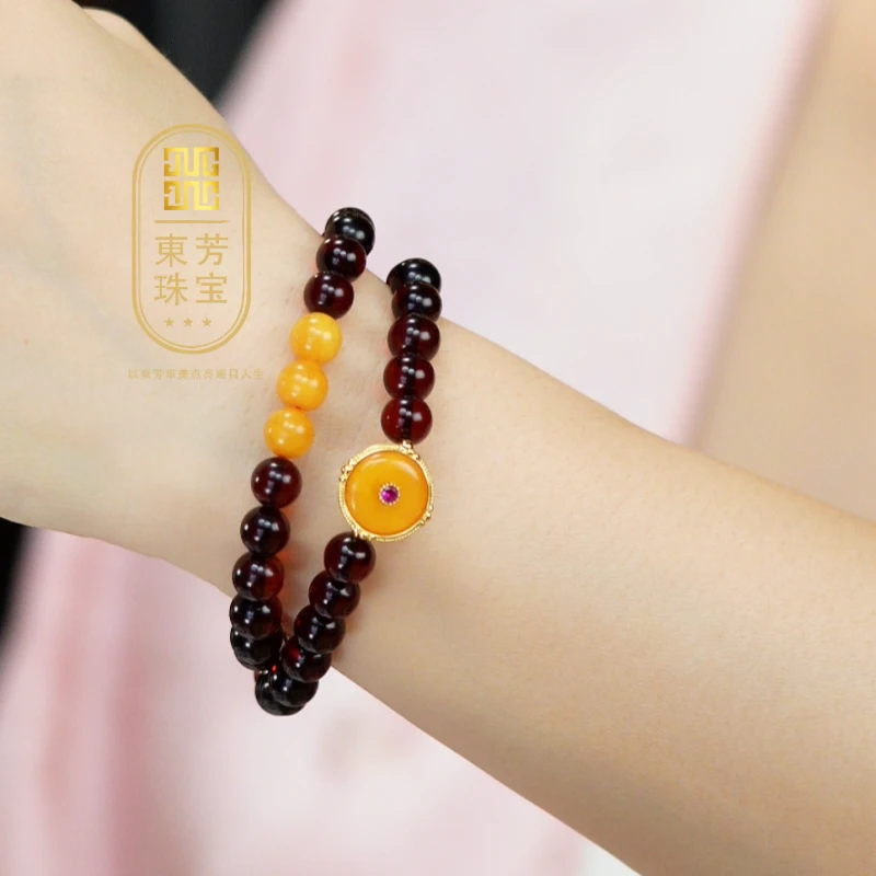 東芳珠宝-7mm缅甸天然琥珀双圈手串琥珀蜜蜡手串时尚百搭多层