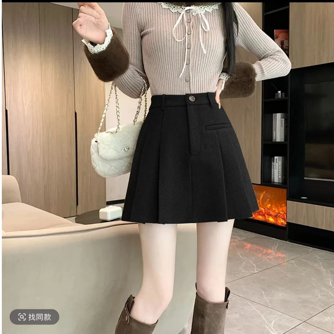 7803#【裙长40】秋冬新款高腰加厚毛呢百褶半身裙女防走光裙子