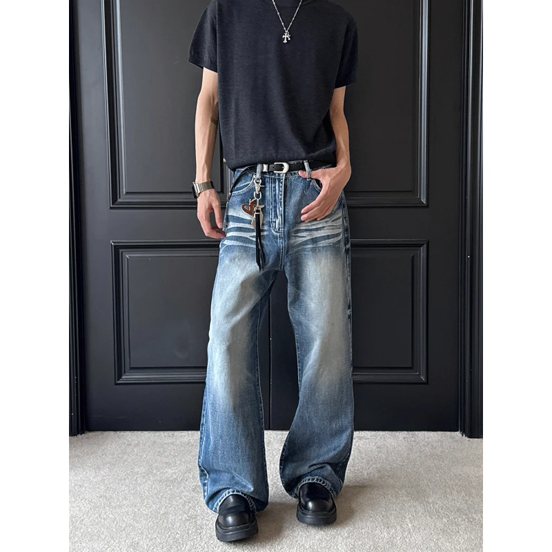 蓝色猫须裂纹弯刀微喇牛仔裤男款春秋季美式高街vibe潮牌直筒裤子