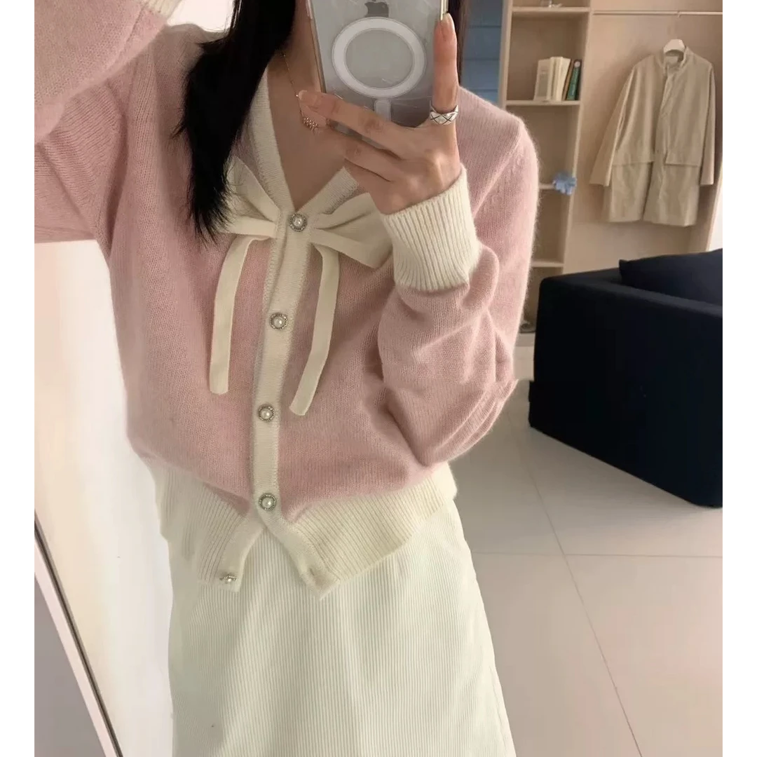 春季新款 韩系 大蝴蝶结 V领撞色 开衫毛衣