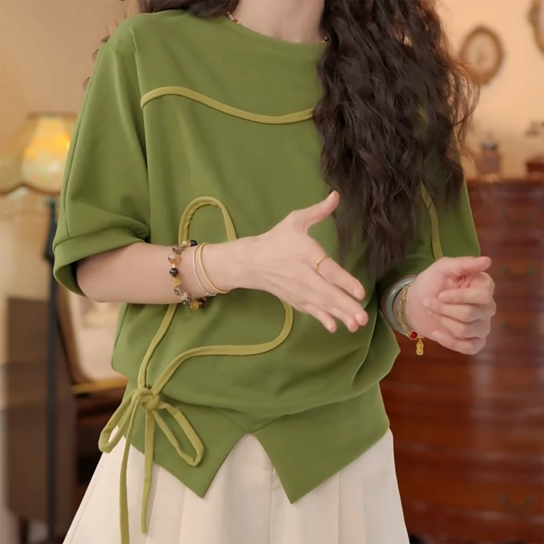 【春烟扶柳】港风复古夏季短袖拼色T恤休闲上衣