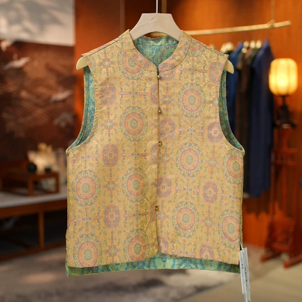 《紫幻·双面穿》秋款新中式国风马夹拼接无袖提花立领绣花女士马甲