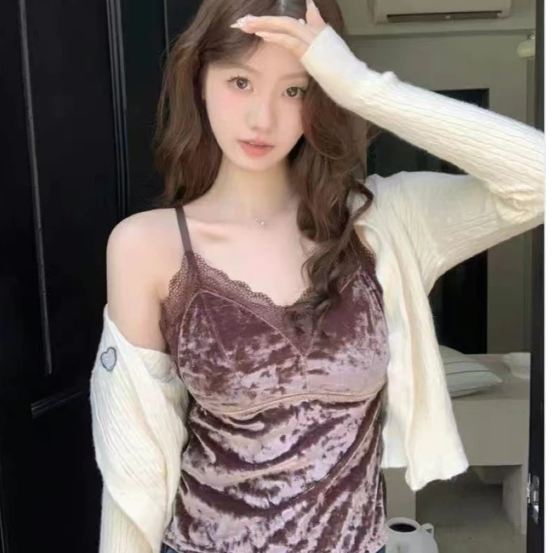 木木家钻石绒蕾丝吊带背心女一体式文胸美背内搭上衣20569