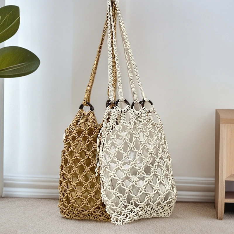 新款纯色木环镂空棉绳编织包森系手工网兜度假沙滩草编包单肩抽绳
