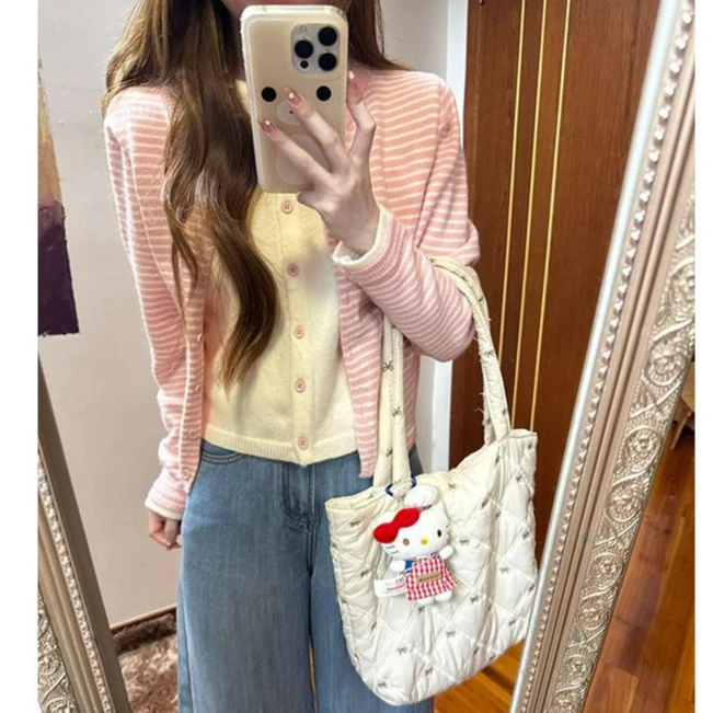 2025年新款秋冬小个子假两件针织开衫女上衣长袖上衣短款条纹外搭