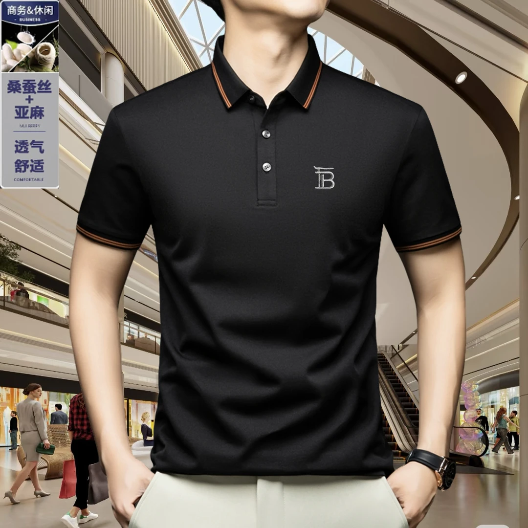 欧洲站英伦轻奢2025年短袖桑蚕丝T恤男夏季高档翻领半袖POLO衫男