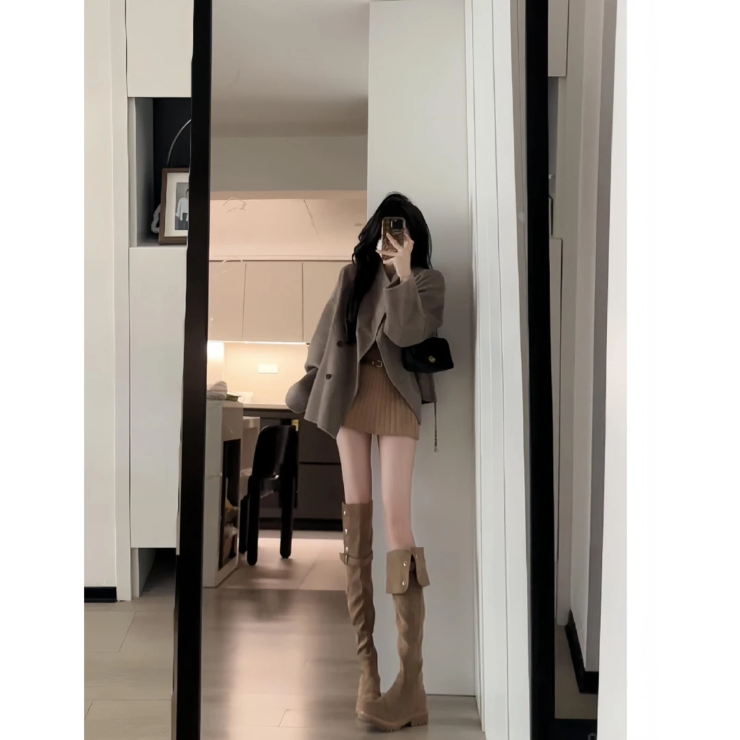 MARIE.COCO秋冬韩系美拉德氛围感双面呢大衣内搭针织连衣裙两件套