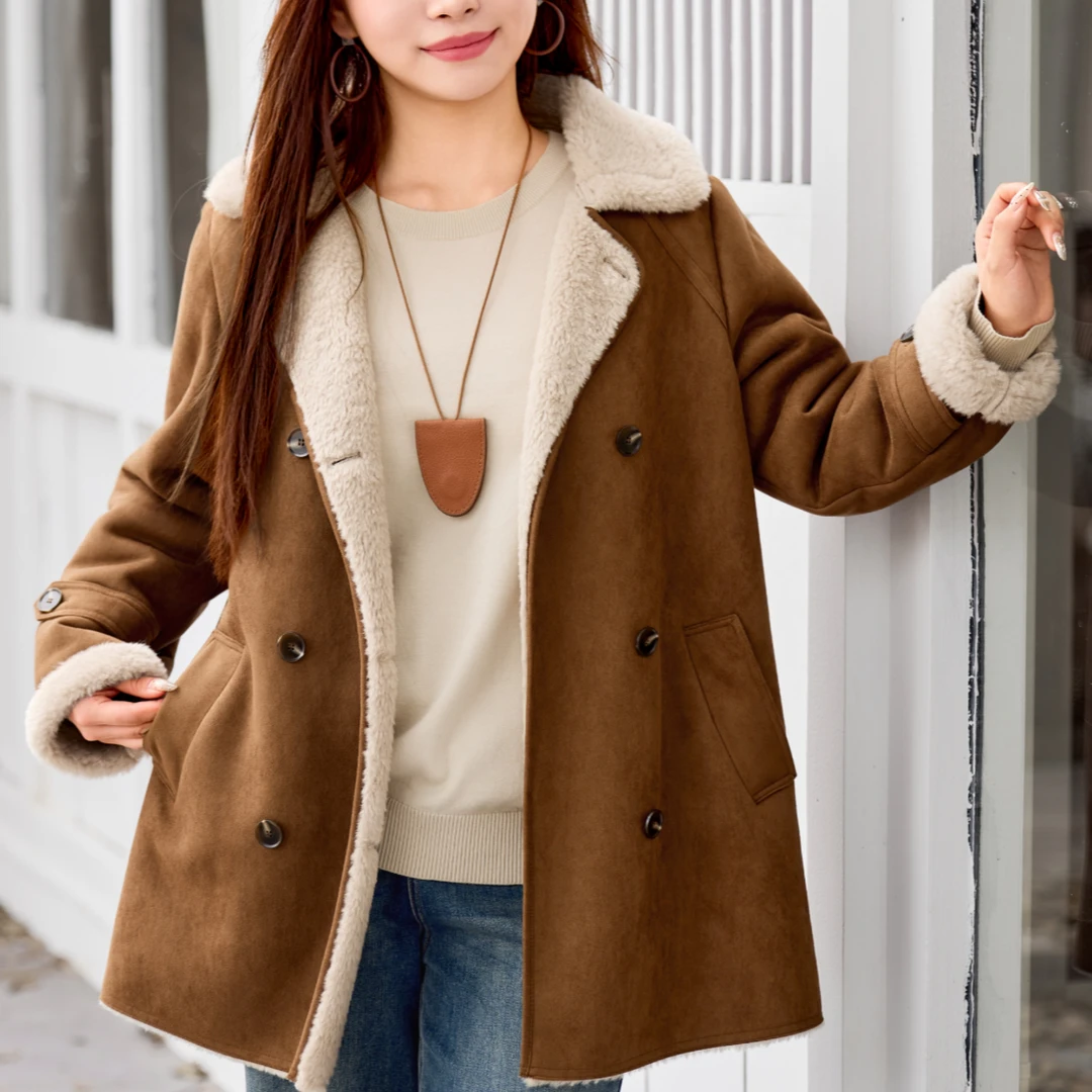 【仿羊羔毛麂皮绒】MsShe大码女装冬装皮毛一体加厚外套Q2511009