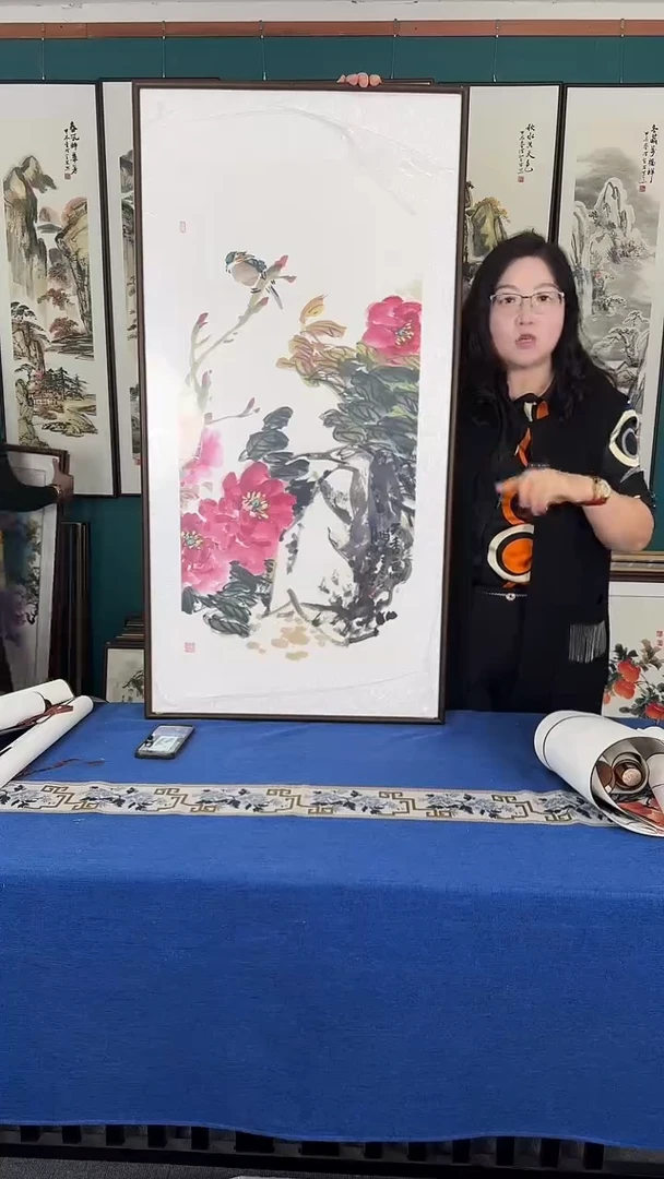 国画牡丹 实木装裱 63*123