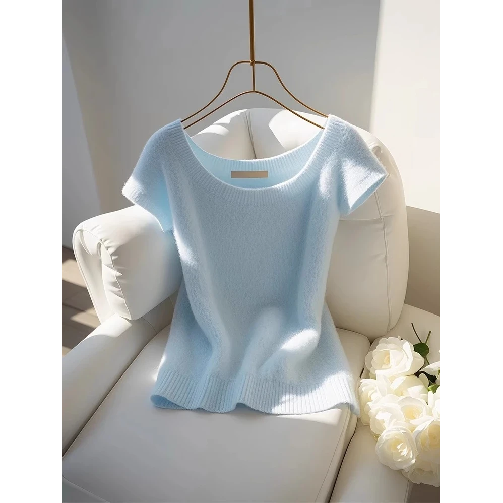 显瘦v领2025夏季新款蓝色洋气独特别致上衣感漂亮短袖针织t恤女