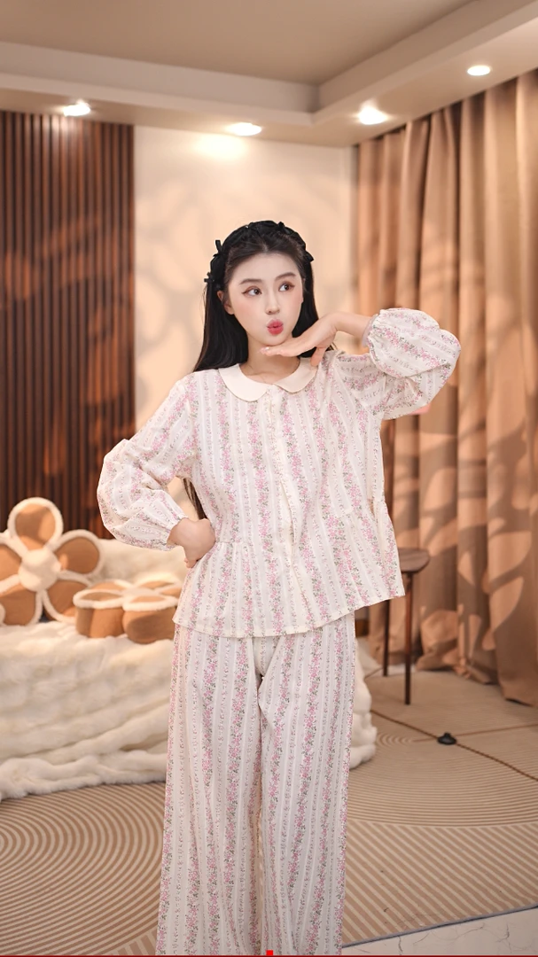 【桃见】春季新款女士甜美气质显瘦波点长袖小众家居服