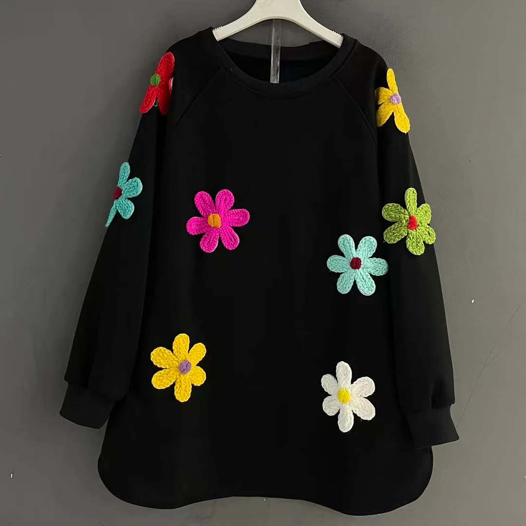 宽松型圆领卫衣春秋长款黑色长袖上衣打底绒衫百搭秋季休闲