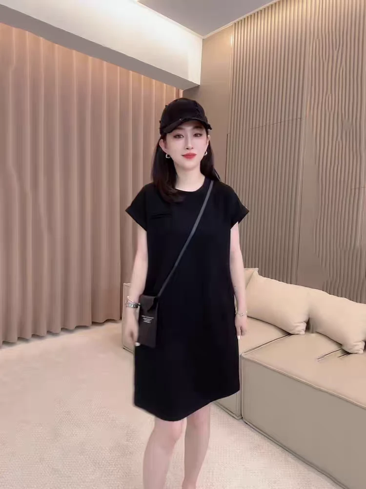 简约时尚设计连衣裙女2025夏季新款休闲宽松纯色短袖中长款T恤裙