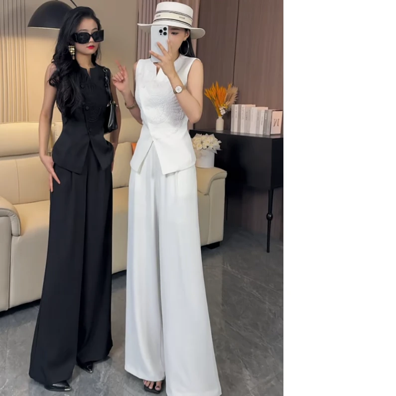 2025夏新款设计高级感气质不对称上衣阔腿裤显瘦通勤两件套t509