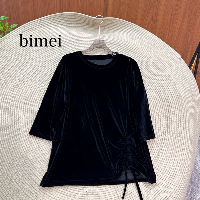 必魅-2025早秋新款丝绒长袖抽绳长袖T恤气质圆领黑色上衣59315