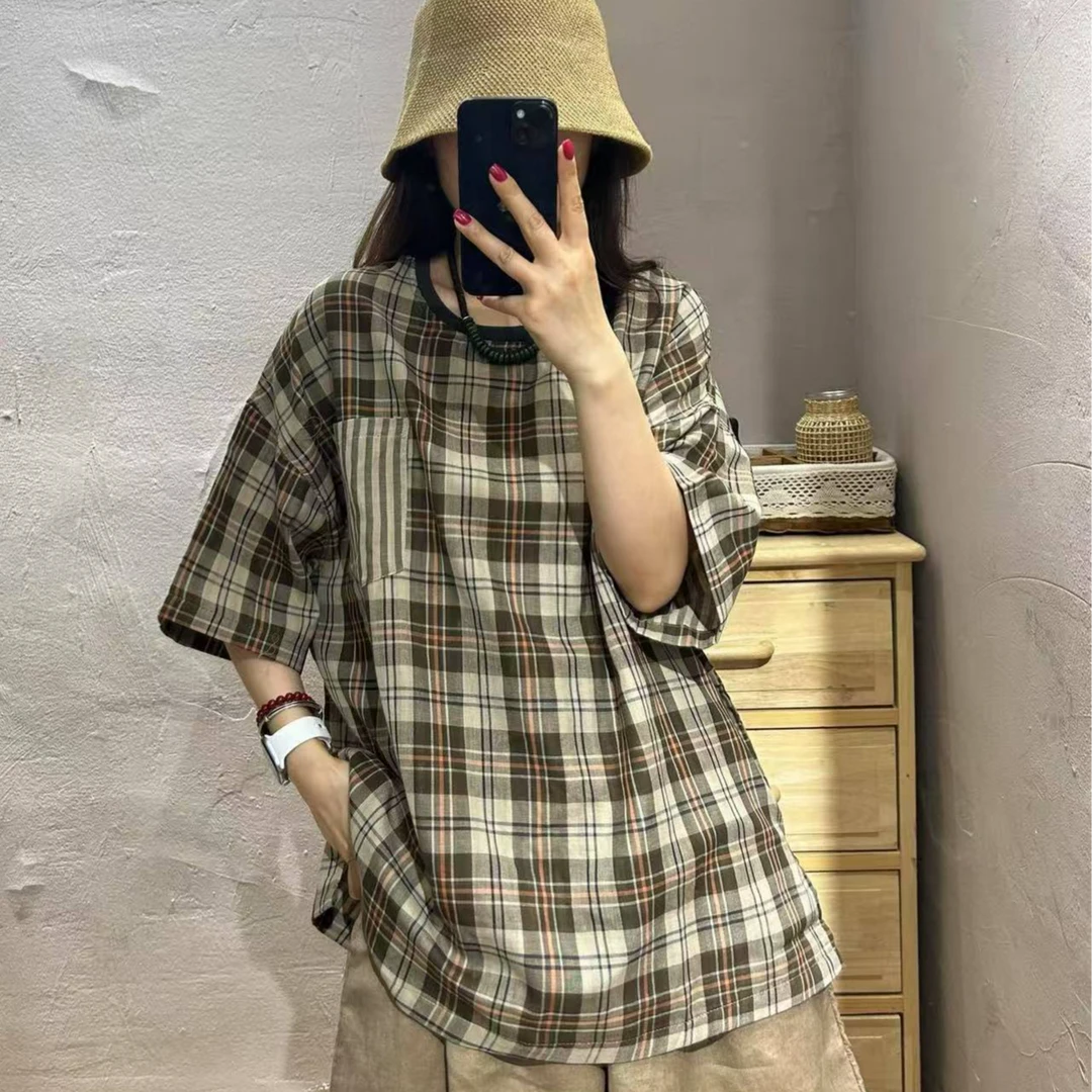 【半奏】夏季新款长袖条纹格纹T恤格子时尚百搭上衣 胸围130衣长70