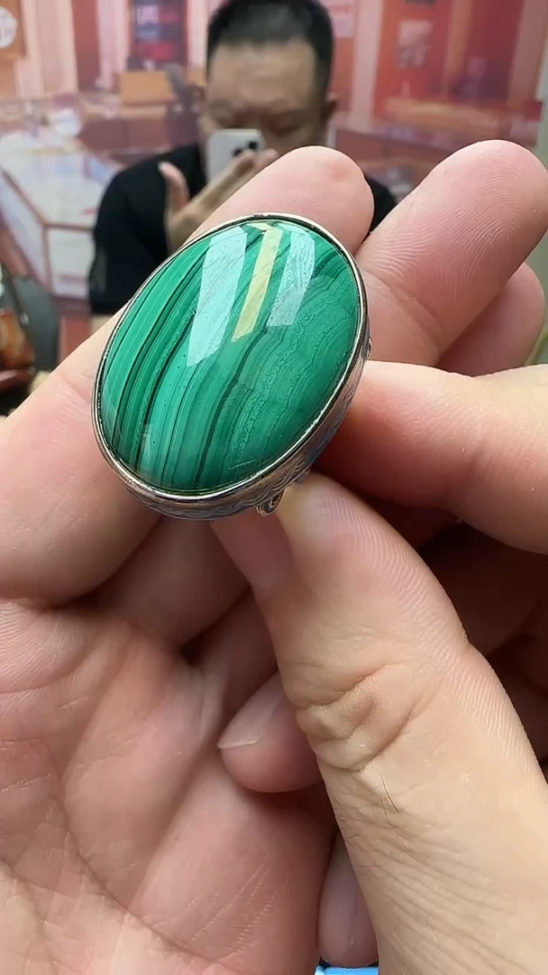 孔雀石银S925镶嵌戒指孔雀石戒指