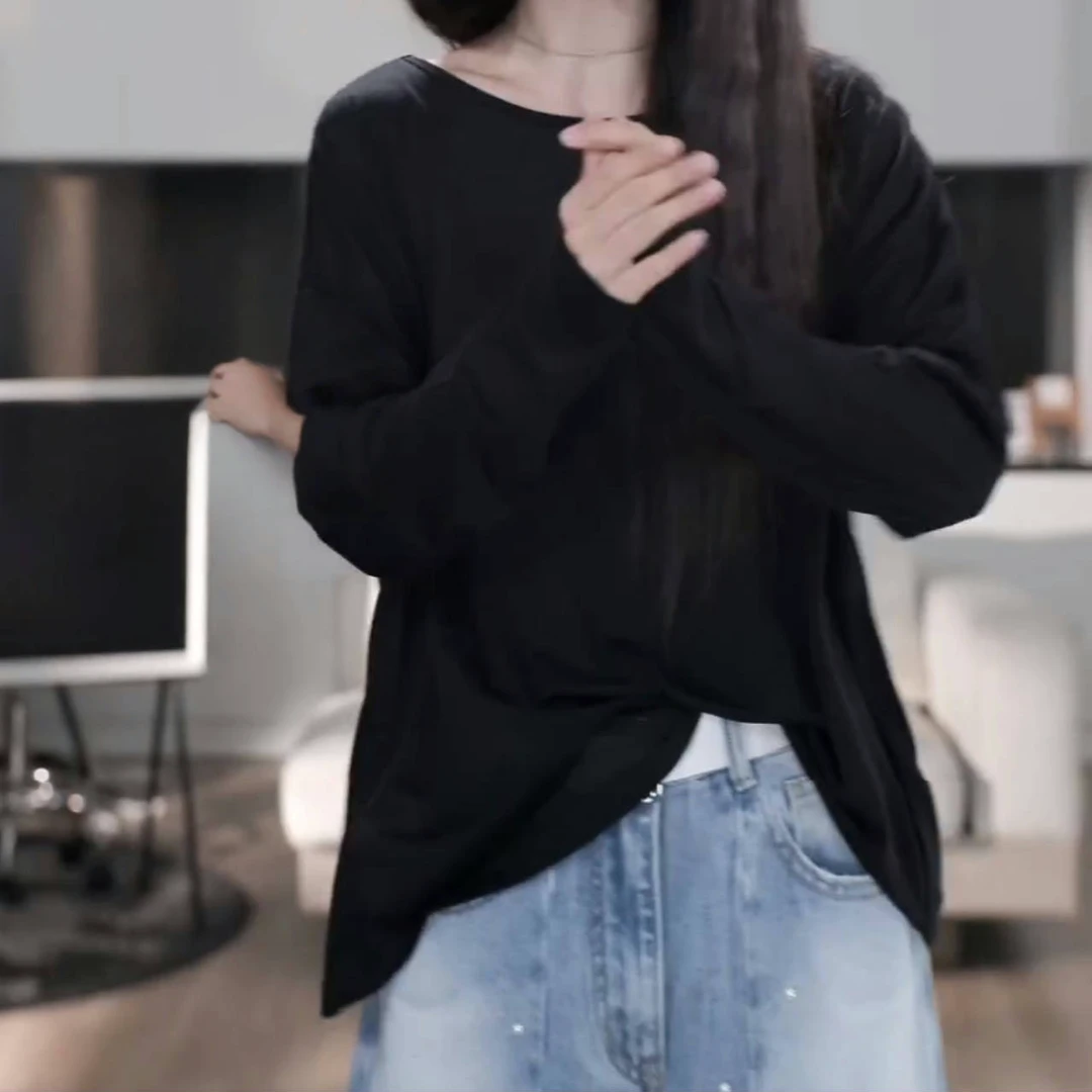 设计师露背扭结假两件珍珠长袖T恤2025新款夏季韩版时尚防晒上衣