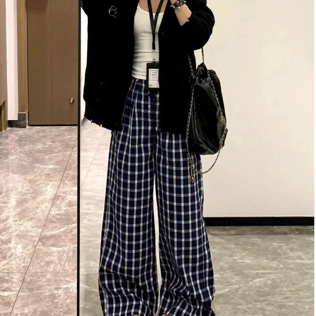清-175露思同款蓝色格子裤女春夏宽松休闲裤垂感拖地阔腿长裤