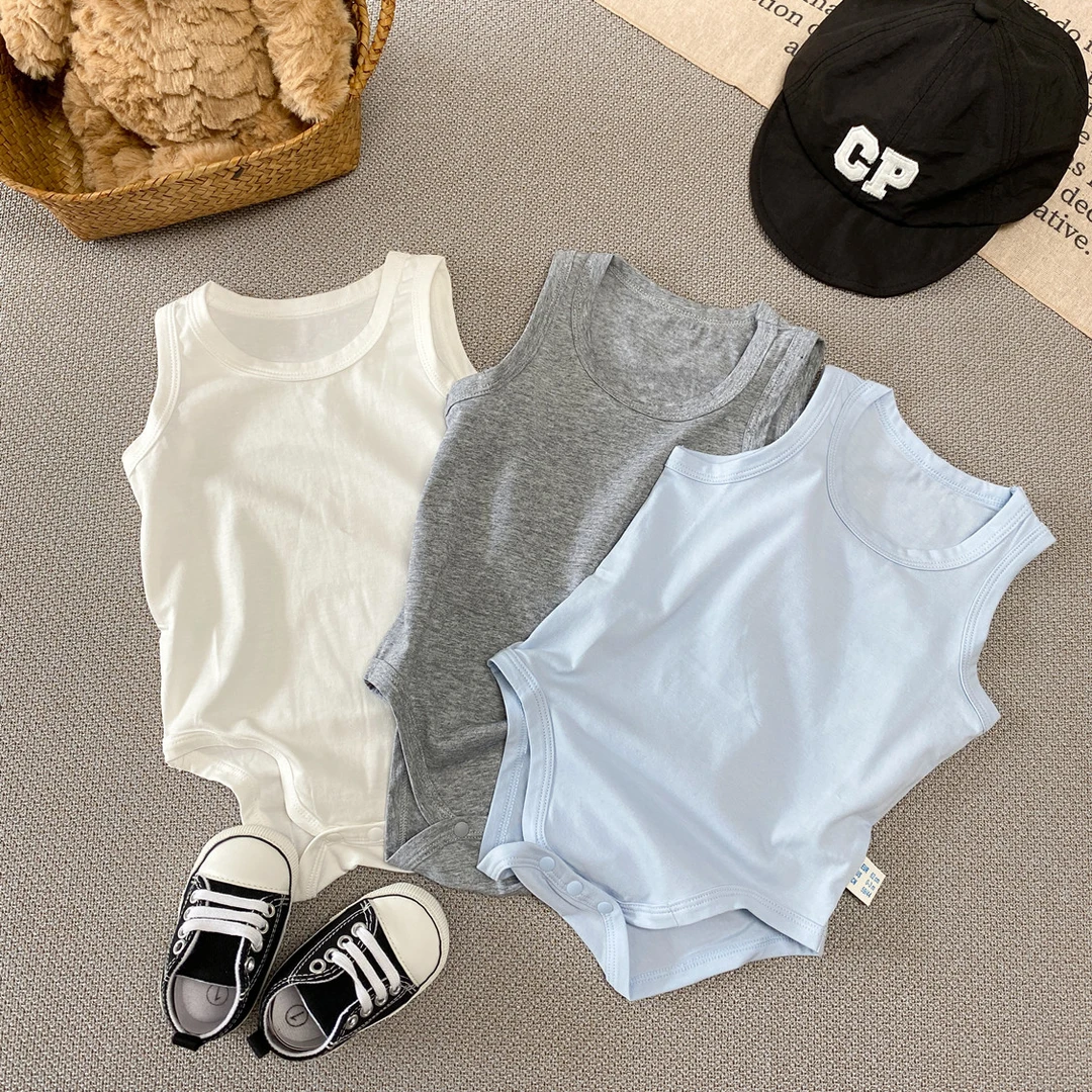 新生婴儿夏装无袖纯棉包屁哈衣爬服男女宝宝纯色薄款背心连体衣韩