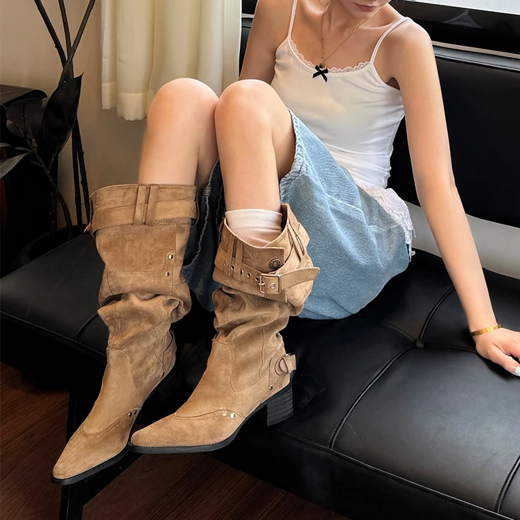 胖mm大码长筒堆堆靴女2025夏季新款小众设计大筒围显瘦粗跟裤管靴