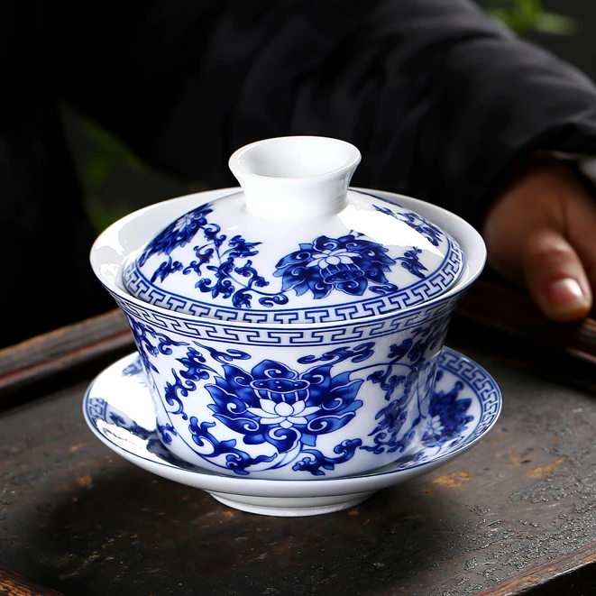 大号盖碗150-500ml青花陶瓷白瓷三才茶碗泡茶大容量悬停盖碗茶具