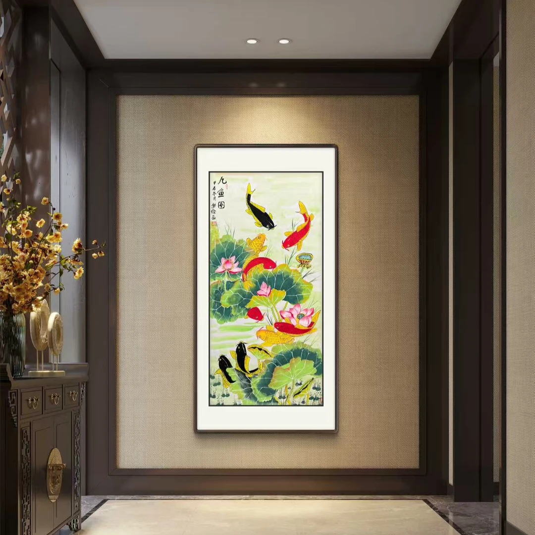 国画《九鱼图》手绘四尺竖幅荷花鱼图客厅玄关背景餐厅挂画文玩