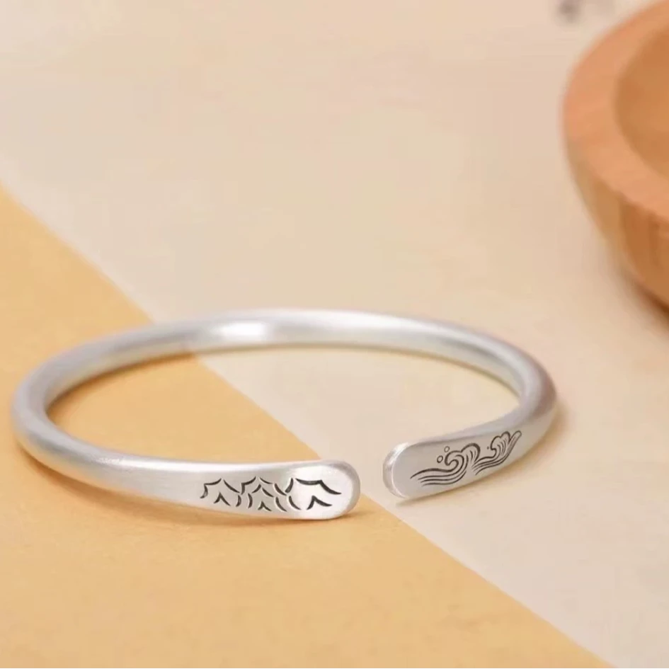 足银手镯 【27号】足银999.9山盟海誓开口镯复古时尚手工