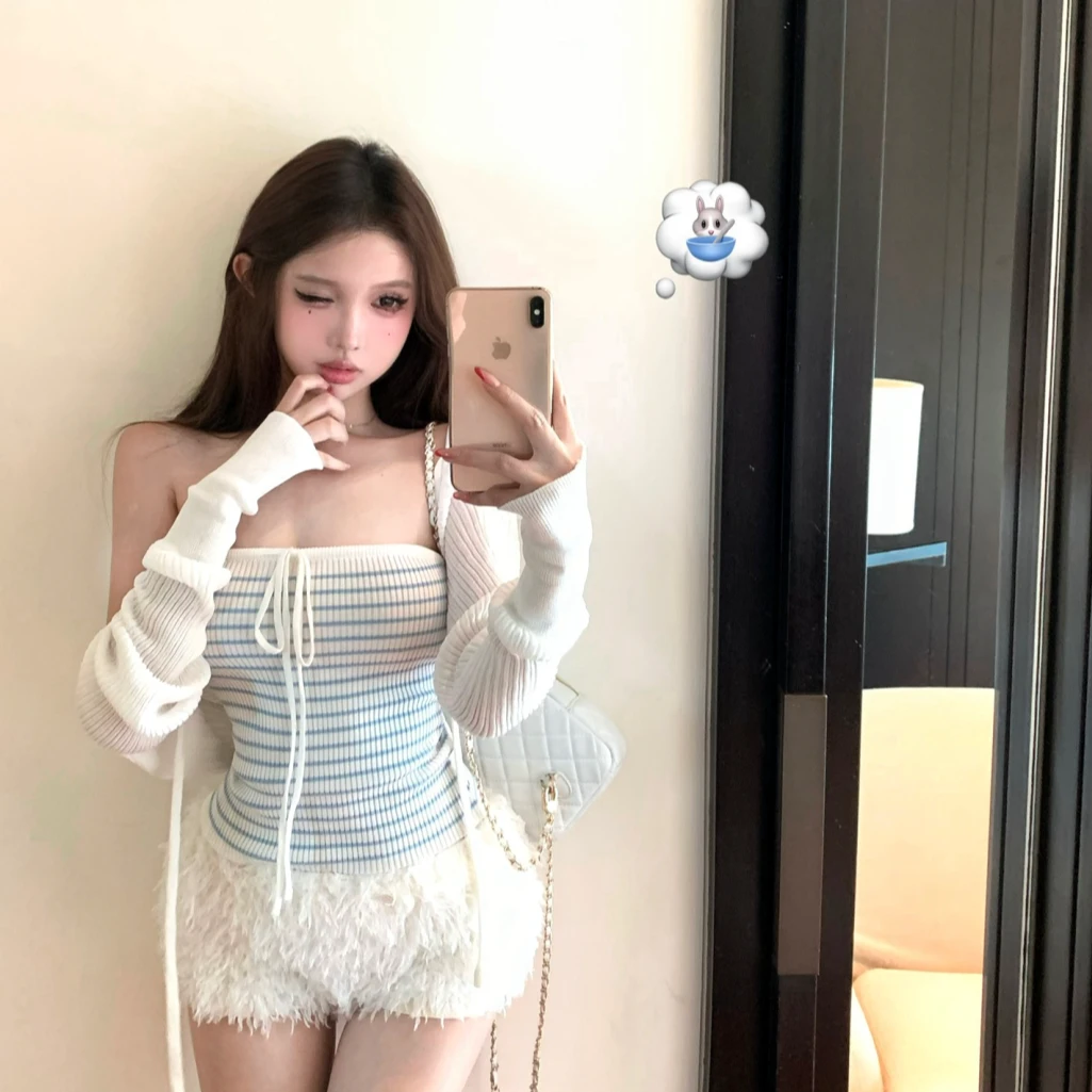 纯欲辣妹条纹抹胸背心上衣+长袖针织坑条绑带开衫修身显瘦套装