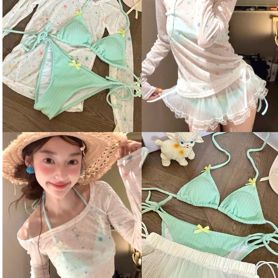 XYT比基尼星星印花休闲薄款防晒罩衫女夏季泳衣蕾丝屁帘玩水度假