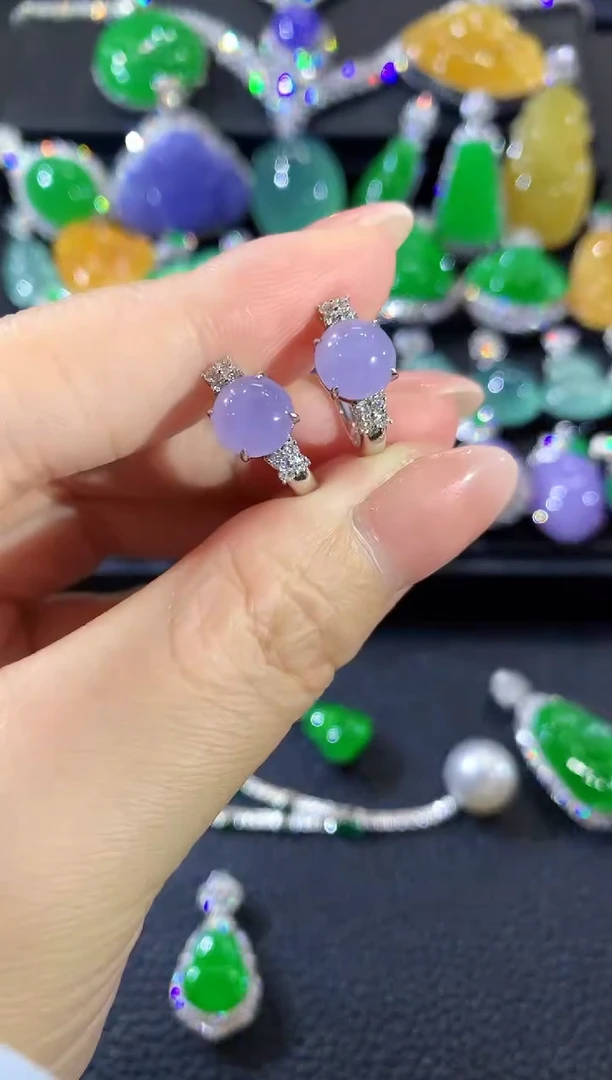 18K金镶嵌翡翠耳饰C96 紫货有一定色差