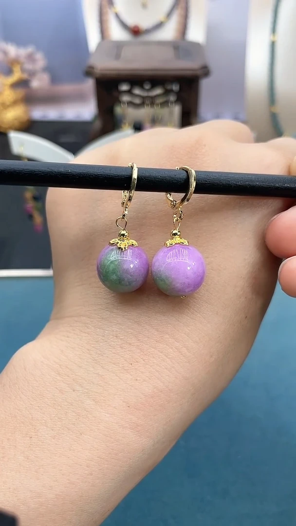 翡翠14K金镶嵌耳饰14mm春彩*耳包