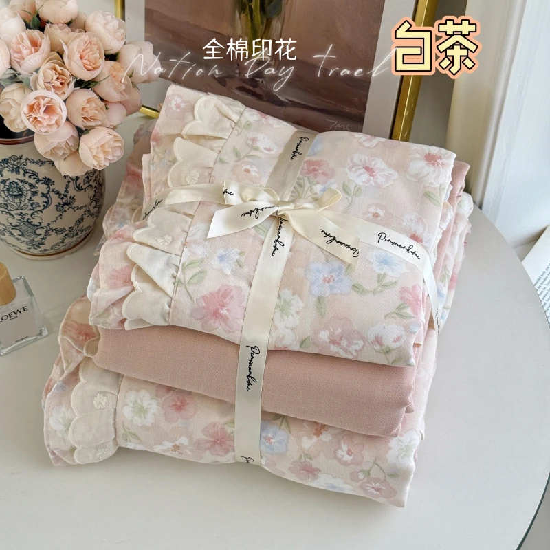高品质双层花边全棉双层纱四件套小清新公主风花边印花被套三件套