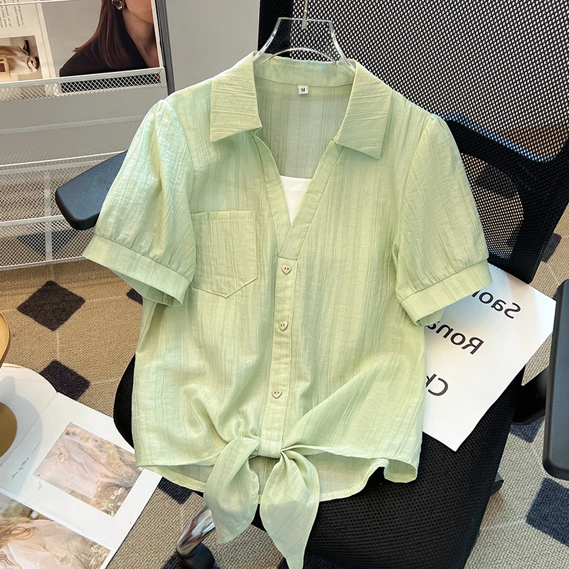 2025夏季新款时尚洋气假两件拼接短袖衬衫女设计感小众雪纺衫上衣