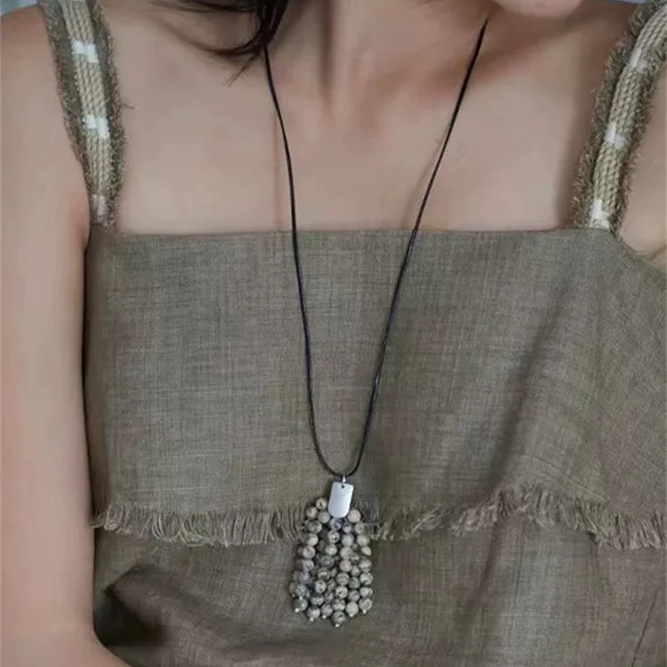 黄铜花岗石项链 新款菩提石斑马石手工串珠流苏文艺范长款项链