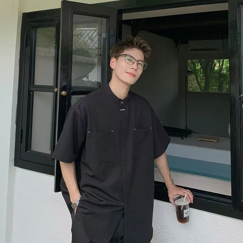 韩版新中式男士衬衫男女百搭短袖夏季简约宽松中袖休闲纯色衬衣潮