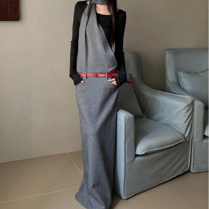 秋冬设计感废土风内搭假两件长袖挂脖收腰长款连衣裙