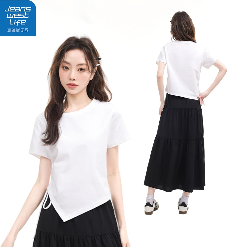真维斯无界不规则抽绳短T女生显瘦夏季时尚休闲白色百搭圆领短袖