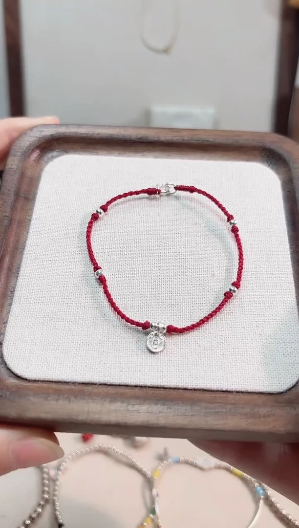 无925银八方吊牌红绳酒红色手链