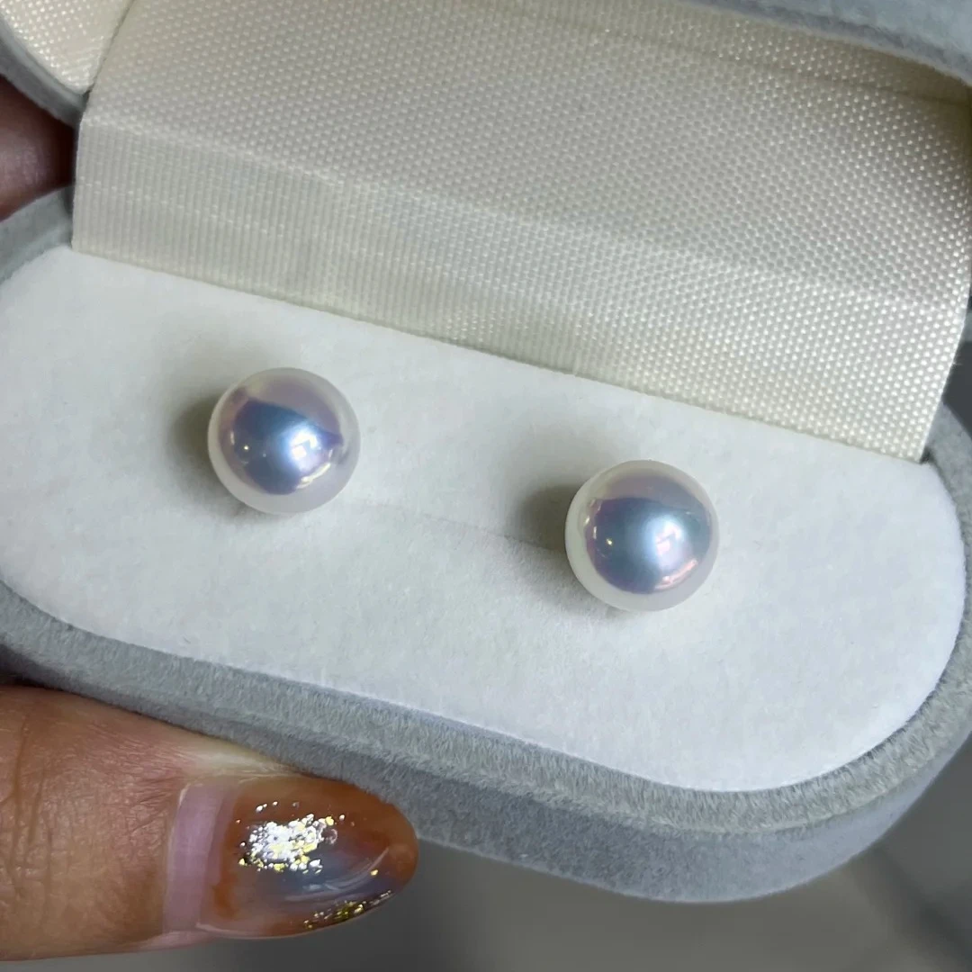 天然淡水珍珠耳钉正宗真珍珠耳钉扁圆馒头珠银媲美海水akoya澳白