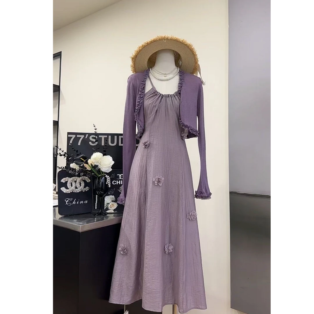 【海边花嫁】韩版设计感气质立体花朵连衣裙+披肩-250235