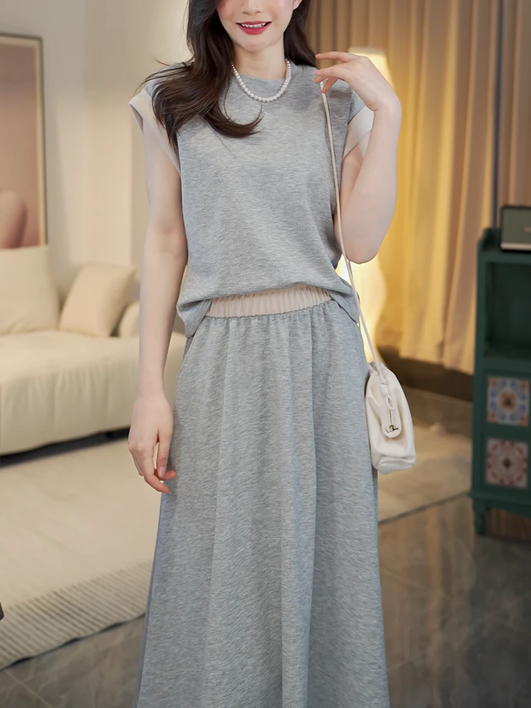 2025夏季新款撞色飞袖套装遮肉显瘦气质垂感高腰大摆长裙+T恤