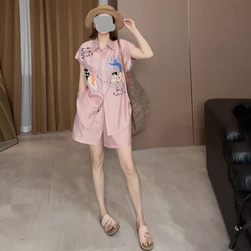 欧洲站2025夏季新款设计感卡通刺绣短袖衬衫阔腿短裤休闲气质套装