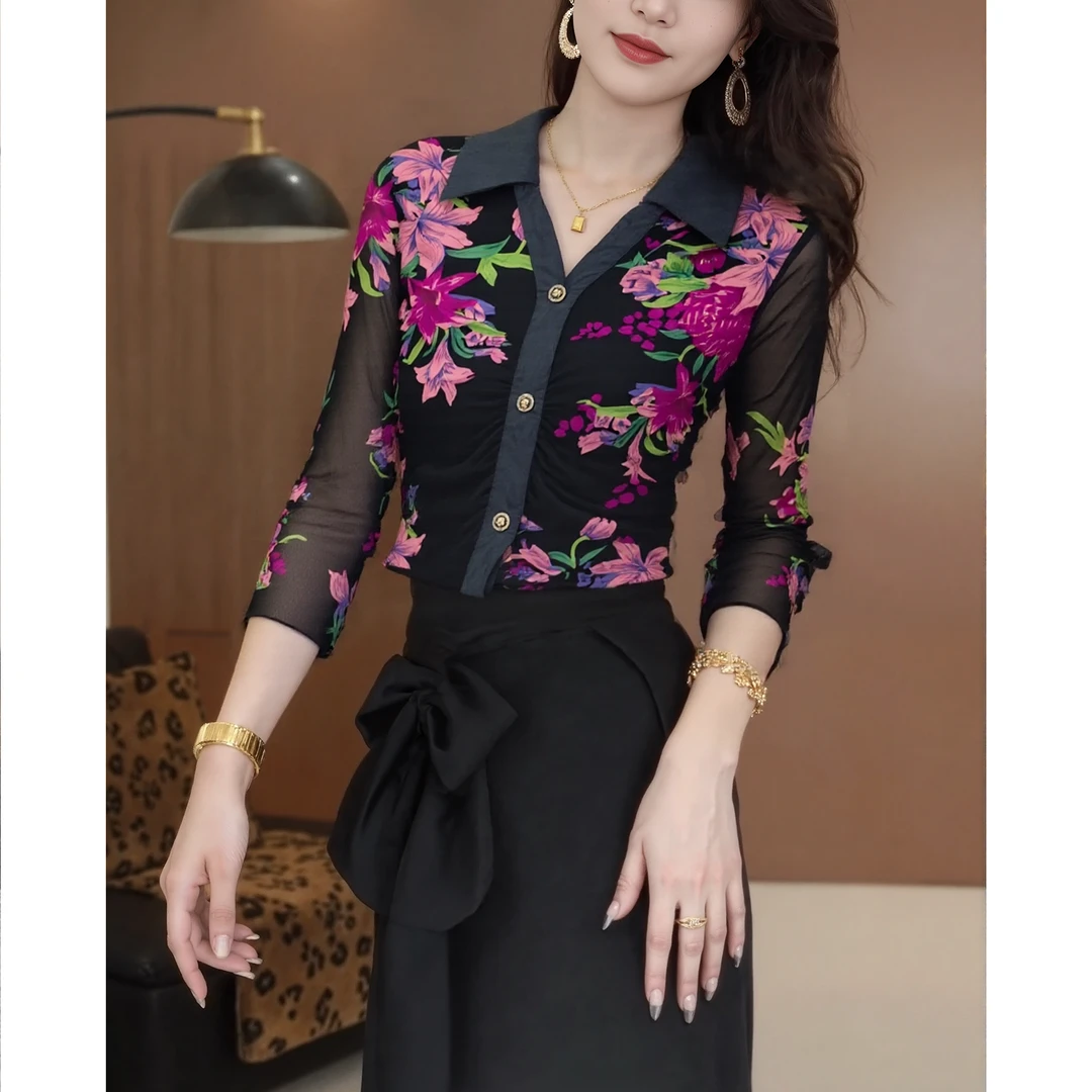 HL#网纱印花衬衣时尚气质秋季新款修身显瘦上衣女DY14558