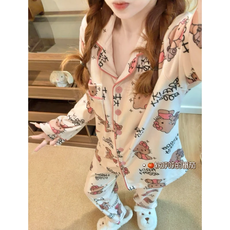 懒懒Kitty｜海岛绒秋冬季日系卡通休闲长袖保暖睡衣女家居服套装