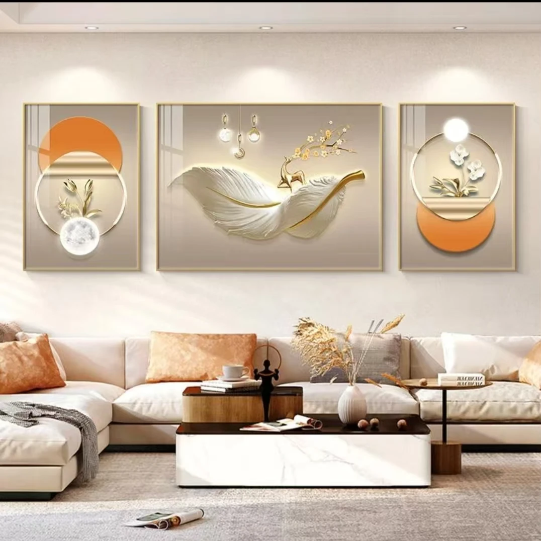 金羽福鹿客厅现代简约装饰画轻奢羽毛三联画高档挂画沙发背景壁画