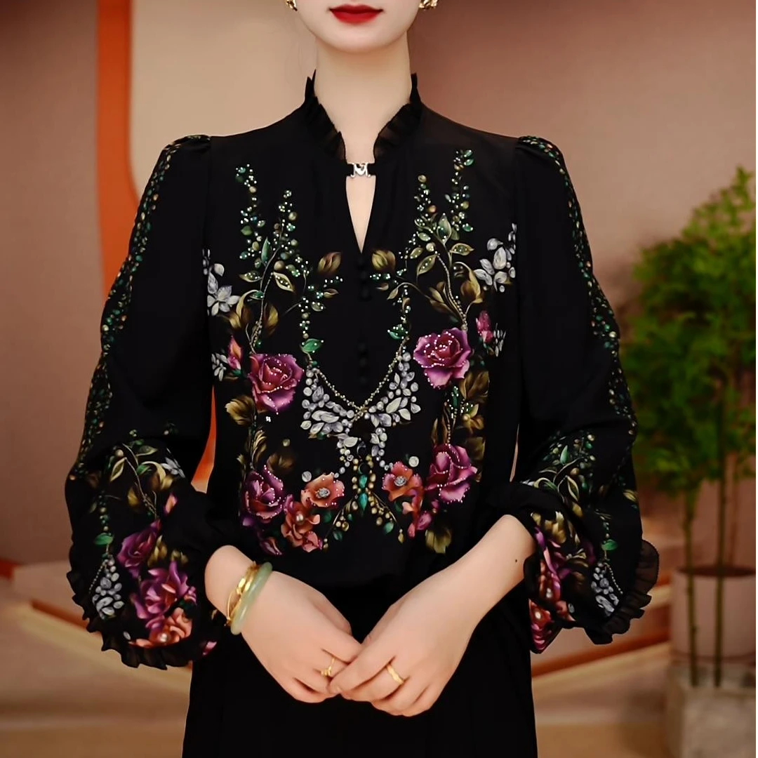 初凰 新款琉璃双皱丝洋气时尚百搭显瘦休闲气质印花女士长袖上衣