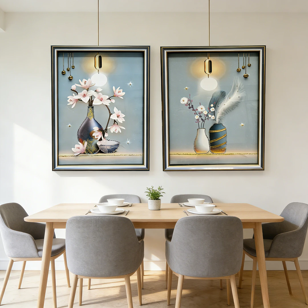 KP高级花瓶两联装饰画餐厅画挂画钢化玻璃镶钻花卉实物画立体轻奢