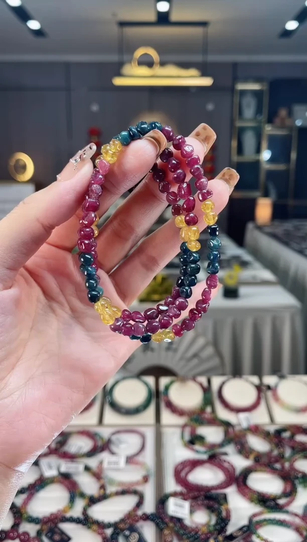 未镶嵌老矿碧玺色标原石三圈手串5mm+碧玺dan多样性发货一条